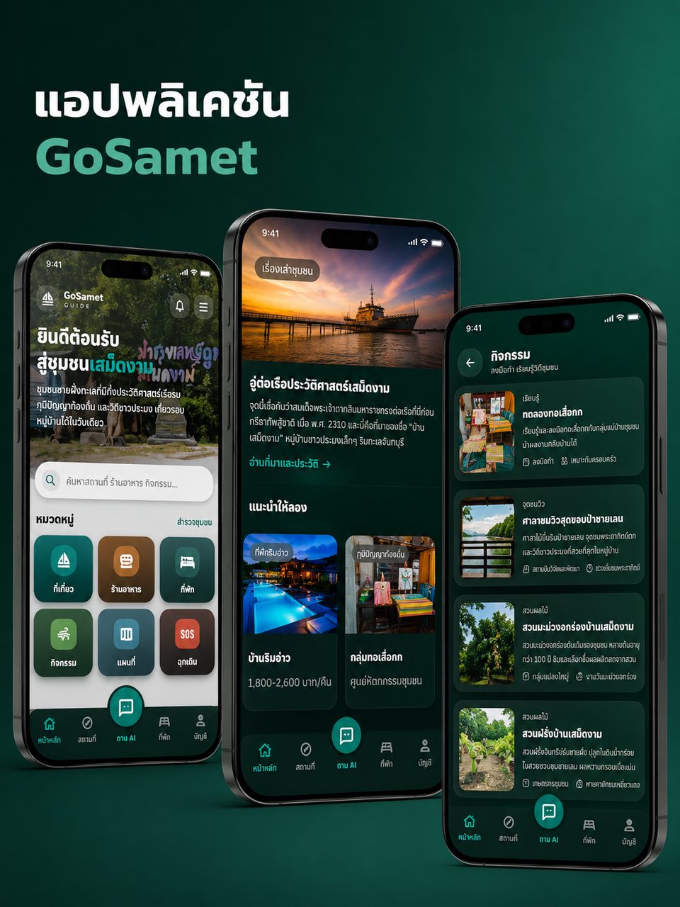 แอปพลิเคชัน GoSamet แสดงหน้าหลัก หน้าที่พัก และแชท AI ลุงเลย์ บนหน้าจอมือถือ 3 เครื่อง